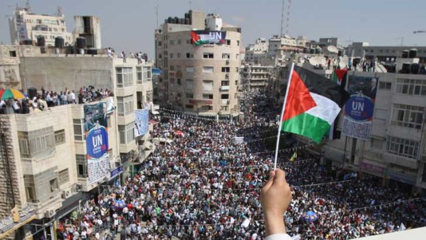 Thousands of Palestinians attend a demonstration in the West Bank city of Ramallah in support of their hopes for statehood recognition at the United Nations.
