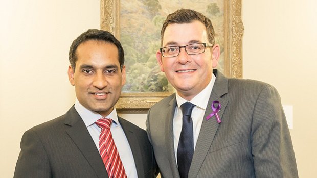 Would-be Labor candidate Jasvinder Sidhu with Premier Daniel Andrews. 