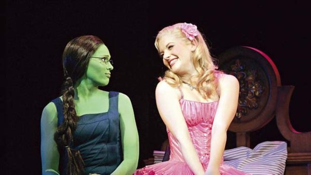 Amanda Harrison as Elphaba and Lucy Durack as Galinda in the musical Wicked.