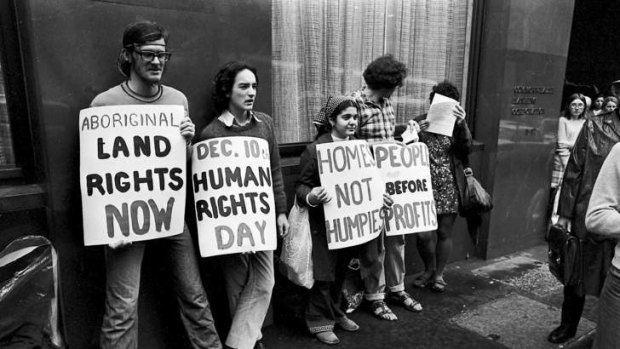 A demonstration is held in Martin Place, Sydney, calling for Aboriginal land rights.