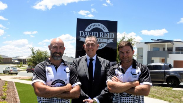 Jason Croker, Ken Beissell and Simon Woolford at the launch of the Queanbeyan Pie in the Sky charity rugby league match.