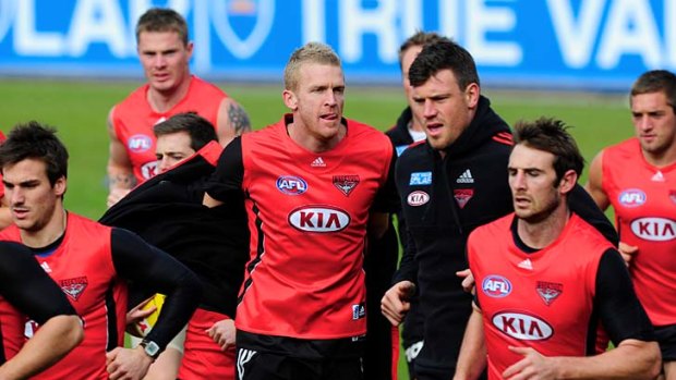 Ready for action: Essendon's Dustin Fletcher at training yesterday after missing the clash with GWS due to a groin strain.