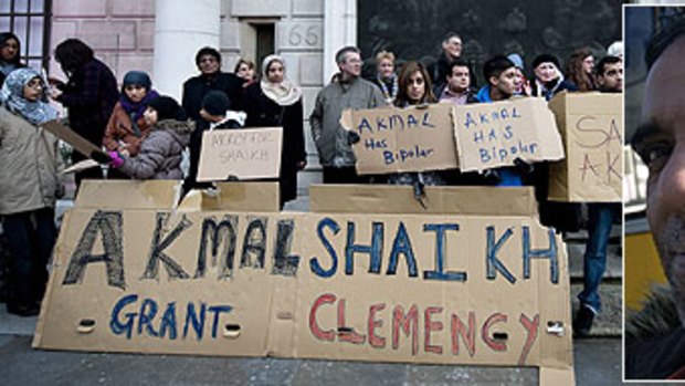 Supporters of Akmal Shaikh, inset,  holds a vigil outside the Chinese Embassy in central London.