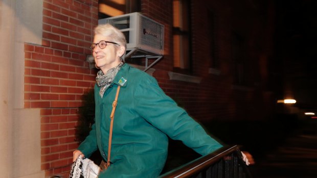 Jessica Leeds arrives at her apartment building, Wednesday, Oct. 12, 2016, in New York. Leeds was one of two women who told the New York Times that Republican presidential candidate Donald Trump touched her inappropriately. (AP Photo/Julie Jacobson)