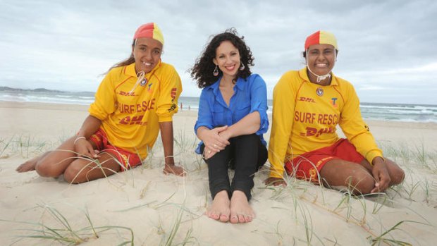 Bleach Festival director Louise Bezzina with Gold Coast surf lifesavers Mariah Jones and Leah Jones.