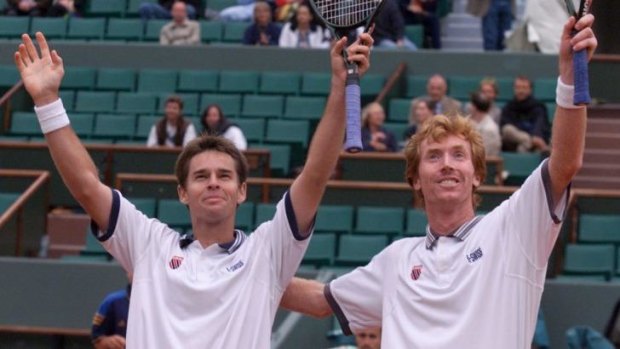 Todd Woodbridge (left) and Mark Woodforde after winning the men's doubles at the 2000 French Open.