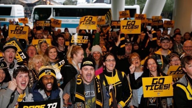 Richmond fans at the supporters' bus dubbed the 'Tiger Army Express' in Melbourne on Saturday.