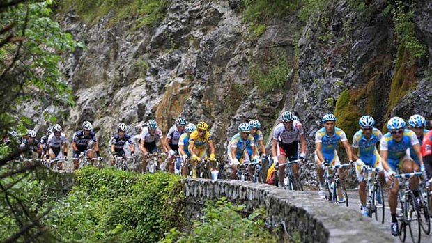 The peloton featuring race leader Alberto Contador of Spain.