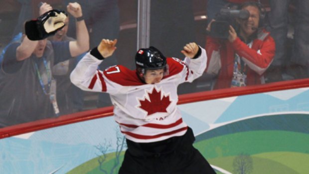 Happy Sidney ... Canada's Sidney Crosby celebrates his game winning goal during overtime period men's ice hockey gold medal final at the 2010 Winter Olympic Games in Vancouver, British Columbia.