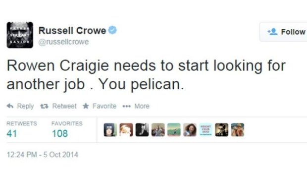 Crowe's original tweet, subsequently deleted. 