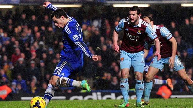 Chelsea midfielder Eden Hazard shoots at goal  during the match against West Ham last Wednesday which ended in a goalless draw.