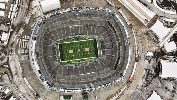 Aerial view of MetLife Stadium as crews prepare the venue for Super Bowl XLVIII.
