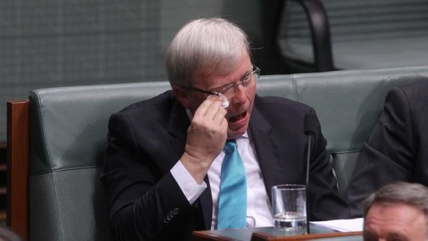 Labor MP Kevin Rudd announces his resignation, at Parliament House in Canberra. <i>Photo: Alex Ellinghausen</i>