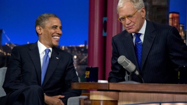 Barack Obama chats with David Letterman in a 2012 show.