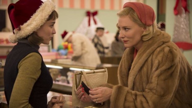Rooney Mara (left) as Therese Belivet and Cate Blanchett as Carol Aird in <i>Carol</i>.