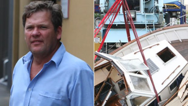Tragic night on the harbour ... (right) the Merinda after the crash; (left) Paul Moore outside Glebe Coroner’s Court on Friday