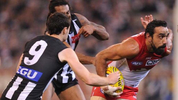 Not her fault: Adam Goodes, pictured during Friday's win over Collingwood, says he doesn't blame the teenage girl who racially vilified him at the MCG.