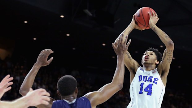 PROVIDENCE, RI - MARCH 19: Brandon Ingram #14 of the Duke Blue Devils takes a shot againsts Justin Sears #22 of the Yale Bulldogs during the second round of the 2016 NCAA Men's Basketball Tournament at Dunkin' Donuts Center on March 19, 2016 in Providence, Rhode Island. (Photo by Jim Rogash/Getty Images)