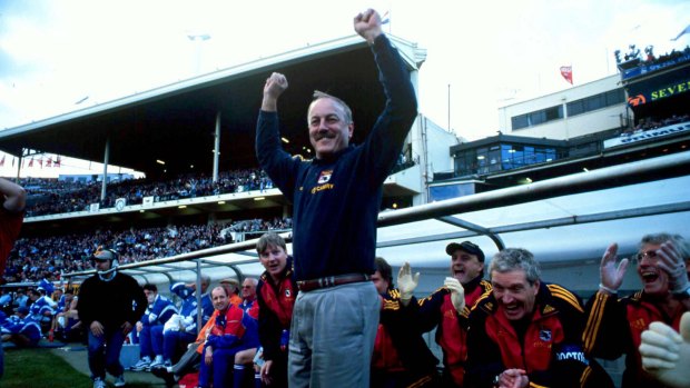 Adelaide Crow's coach Malcolm Blight jumps as the final siren blows for their second premiership win, the 1998 AFL Grand Final. 