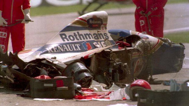 Tragedy: The wreck of Ayrton Senna’s car.