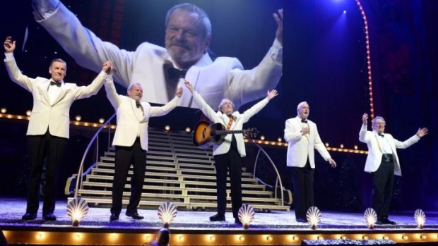Michael Palin, Terry Gilliam, Eric Idle, John Cleese and Terry Jones on stage during the opening night of <i>Monty Python Live (Mostly)</i>.