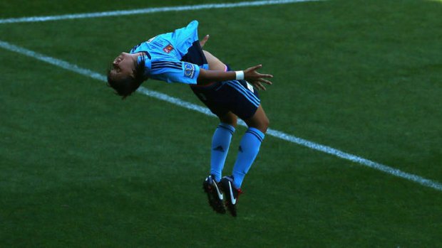 Sam Kerr of Sydney FC celebrates her goal in last year's W-League Grand Final win over Melbourne. The Sky Blues begin their title defence on November  10.