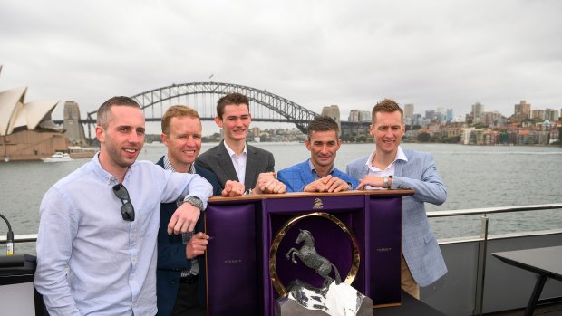 Scaling the heights: Some of the country's finest jockeys were on hand on Sydney Harbour for the barrier draw for The Everest on Tuesday.