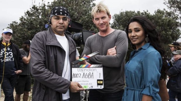 Director and producer Anupam Sharma, former cricketer Brett Lee and actress Tannishtha Chatterjee on the set of the film <i>UnIndian</i>. 