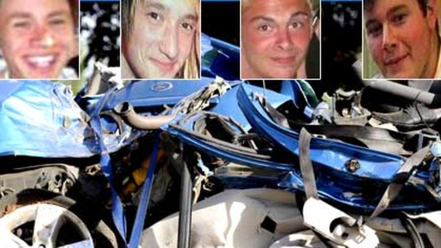 The mangled remains of Steven Johnstone's (inset left) Ford Falcon. Among the five people also killed were Anthony Iannetta, Mathew Lister and Ben Hall.
