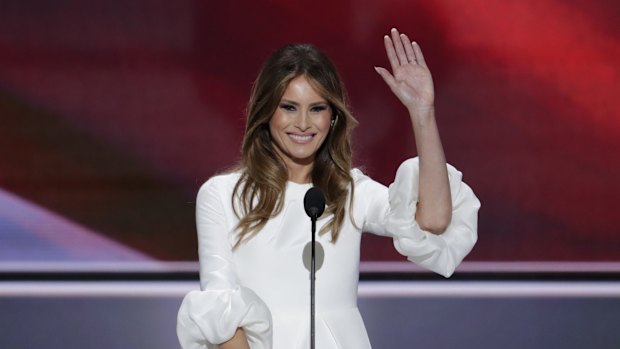 Melania Trump waves after making her now-infamous speech last week.