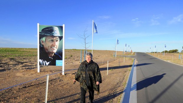 Port Hughes resident Bev Schultz at the under-construction Dunes resort. Its developers want to build a desalination plant to keep the resort's Greg Norman-branded golf course green.