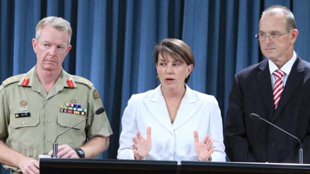 Premier Anna Bligh and Senator Bill Ludwig at the announcement of the appointment of Major General Mick Slater as floods recovery task force chief.