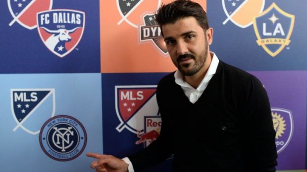 David Villa poses during an event to unveil the new logo for Major League Soccer in New York on September 18. Melbourne City says Villa is available for selection for the A-League opener on October 11.