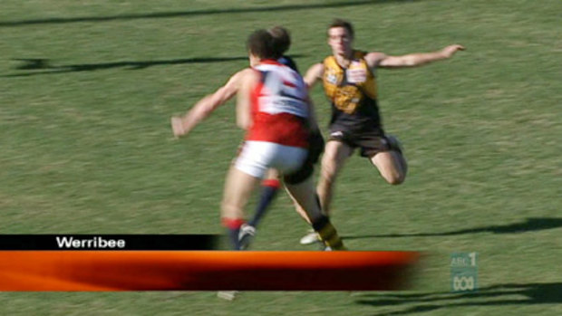 Graham Polak, playing for Coburg, in an accidental head clash with Werribee's Mitch Thorp in June.