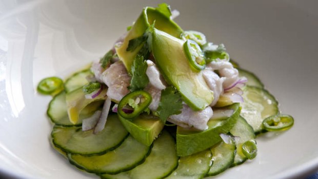 Ceviche of snapper, avocado and cucumber.