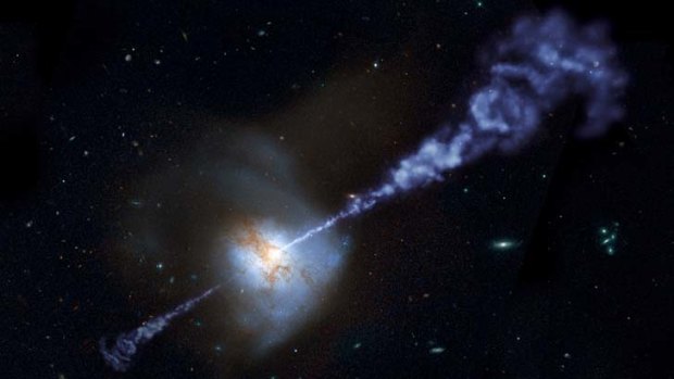 An artist's concept of an active black hole as it squashes a star formation.