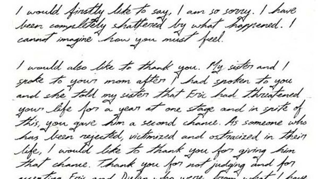 "A sweet letter" ...  a part of a letter she wrote to Brooks Brown, a childhood friend of the Columbine killers.