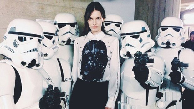 A model backstage at Preen with the Stormtroopers.