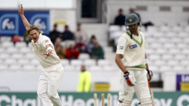 Shane Watson celebrates the wicket of Pakistan paceman Umar Gul.