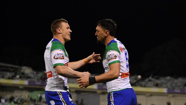 Jordan Rapana of the Raiders (right) celebrates with Jack Wighton after scoring a try.