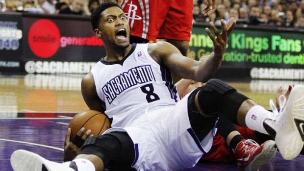 Sacramento Kings forward Rudy Gay reacts after being called for a loose ball foul against the Houston Rockets in Sacramento. Gay had a game-high 26 points and the Kings won 106-91.