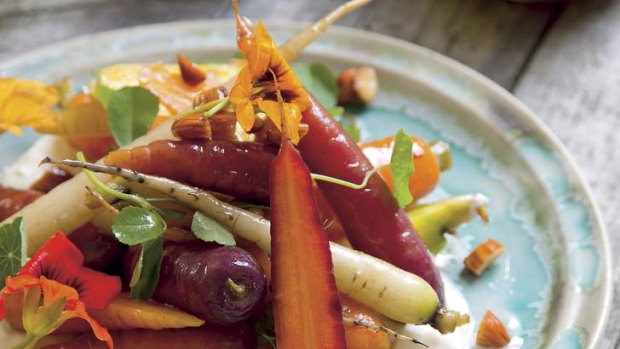 Heirloom carrot salad with yoghurt, almond and honey dressing.