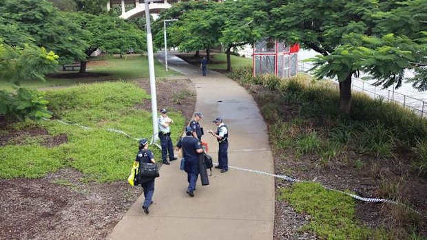 Police at the scene of a suspected murder at South Brisbane.