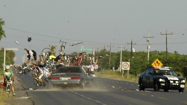 A car collides into cyclists participating in a race in Mexico's northern border city of Matamoros.