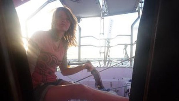 Jessica Watson at the helm of her yacht.