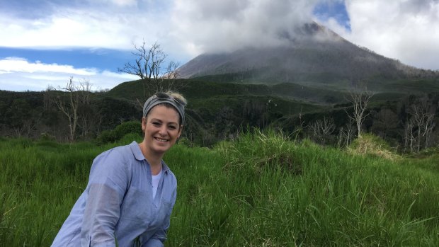 Volcanologist Adele Bear-Crozier at Sinabung Volcano in northern Sumatra.