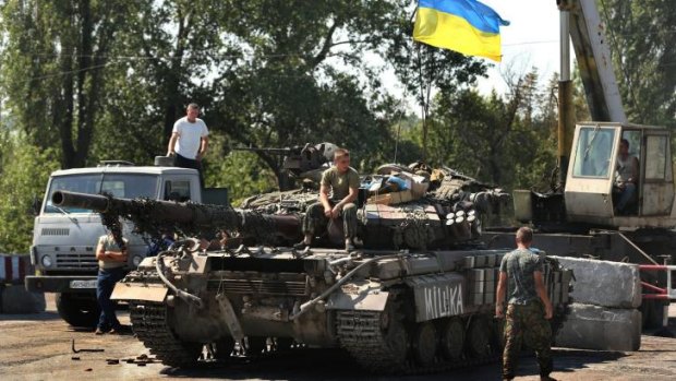 Ukrainian soldiers at a checkpoint in Debaltsevo, in eastern Ukraine.