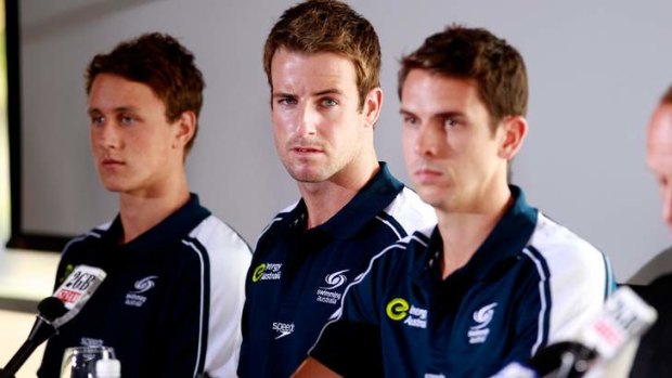 Magnussen, Cameron McEvoy and Eamon Sullivan front the media following the Stilnox scandal.