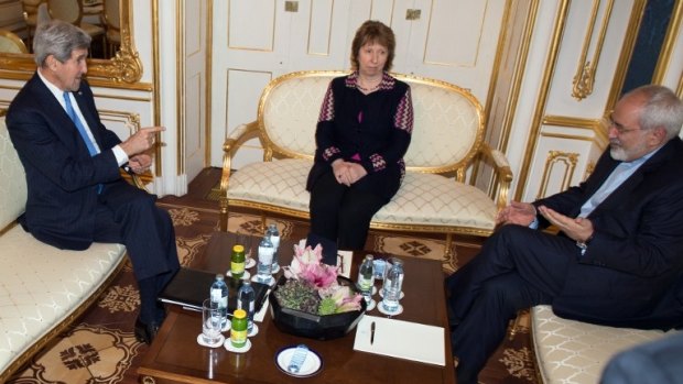 IN TALKS: US Secretary of State John Kerry and former EU Foreign Policy Chief Catherine Ashton meet with Iranian Foreign Minister Mohammad Javad Zarif in Vienna on Saturday.