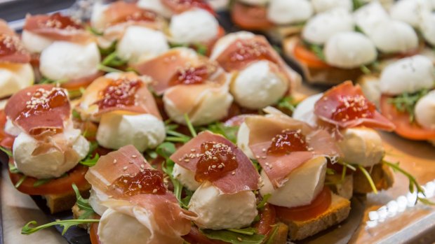 Parma ham and mozzarella pintxos at  Mercado de San Miguel.